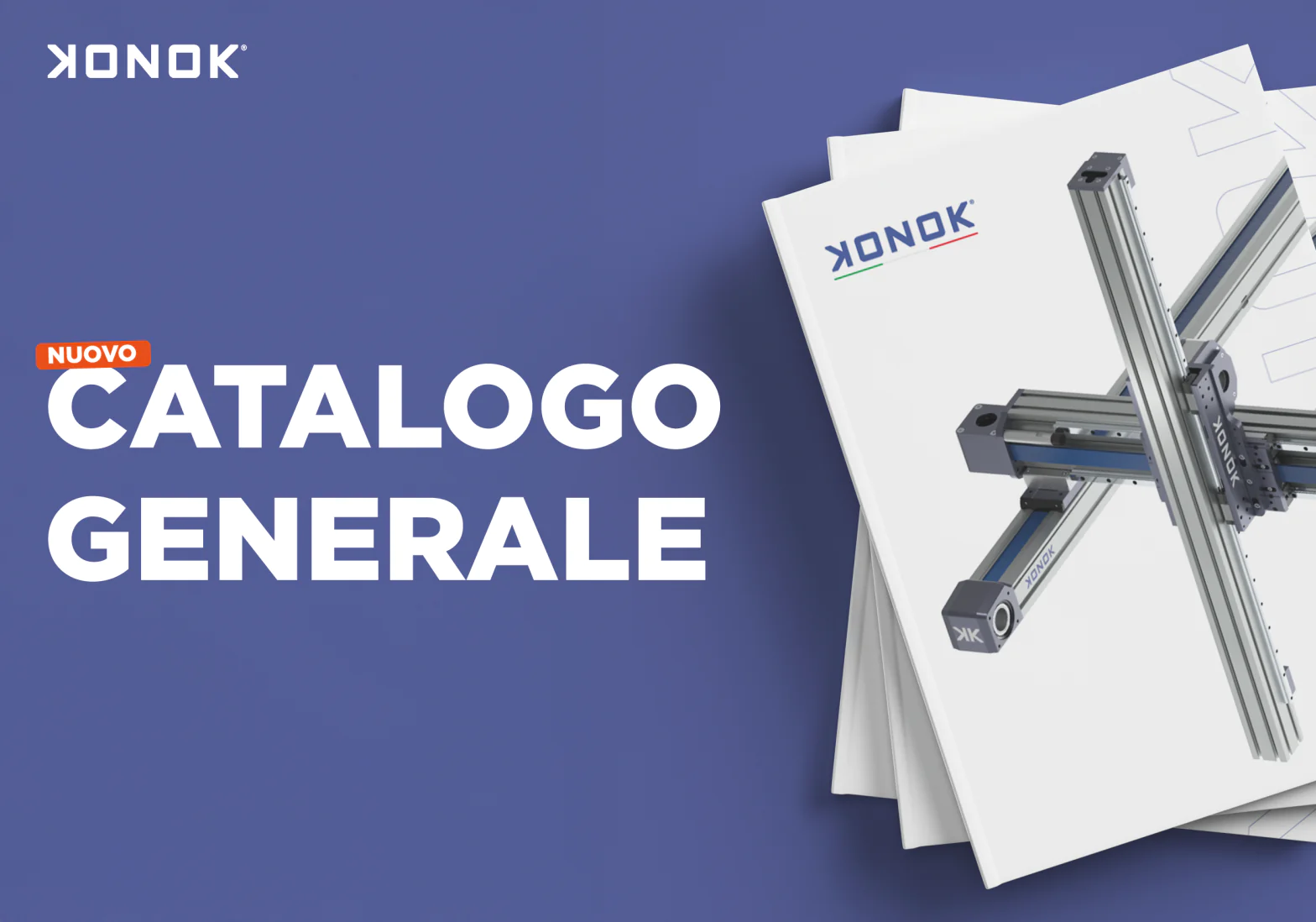 Copertina del Catalogo Generale KONOK 2025 con nuove serie GR e VU di assi lineari